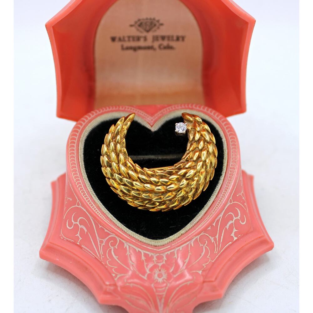 Vintage 18kt Tiffany and Co. Italy Textured Crescent Moon with Diamond Brooch